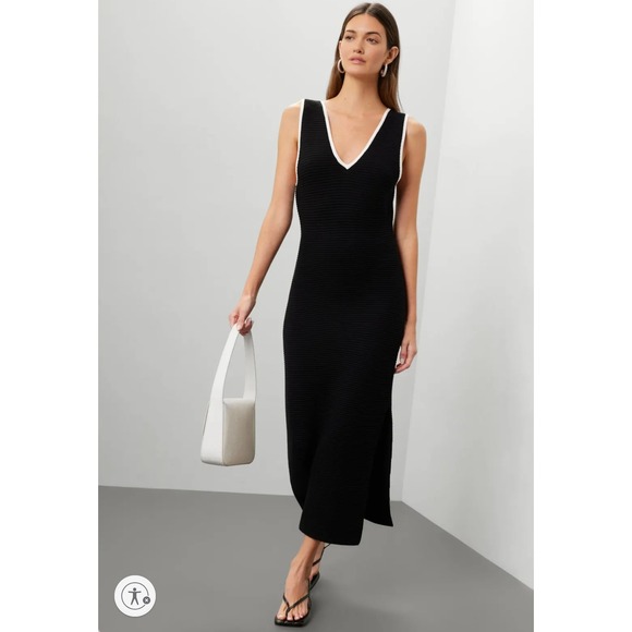 Toccin X RTR V-Neck Sleeveless Midi Dress Ribbed Bodycon White Trim Sz S - Picture 1 of 13